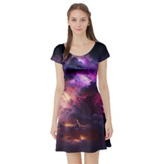 Cloud Heaven Storm Chaos Purple Short Sleeve Skater Dress by Sarkoni
