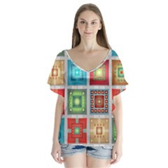 Tiles Pattern Background Colorful V-neck Flutter Sleeve Top by Amaryn4rt