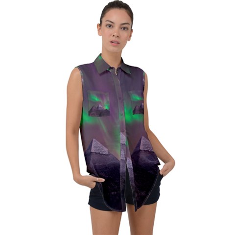 Fantasy Pyramid Mystic Space Aurora Sleeveless Chiffon Button Shirt by Grandong