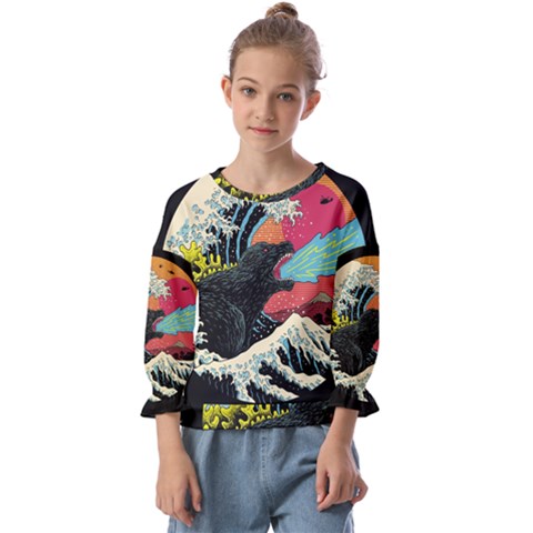 Retro Wave Kaiju Godzilla Japanese Pop Art Style Kids  Cuff Sleeve Top by Modalart