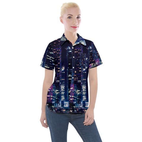 Black Building Lighted Under Clear Sky Women s Short Sleeve Pocket Shirt by Modalart