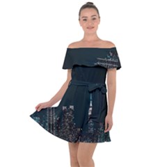 Skyline Photography Of Buildings Off Shoulder Velour Dress by Modalart