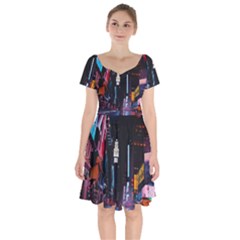 Roadway Surrounded Building During Nighttime Short Sleeve Bardot Dress by Modalart