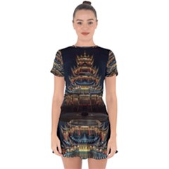 Blue Yellow And Green Lighted Pagoda Tower Drop Hem Mini Chiffon Dress by Modalart