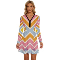 Line Pattern Cross Print Repeat Long Sleeve Deep V Mini Dress  by Amaryn4rt