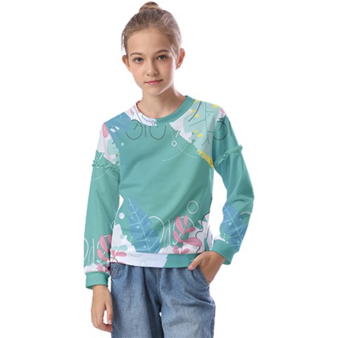Plant Leaves Border Frame Kids  Long Sleeve T-shirt With Frill  by Grandong