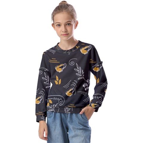 Leaves Coffee Digital Paper Cup Kids  Long Sleeve T-shirt With Frill  by Grandong