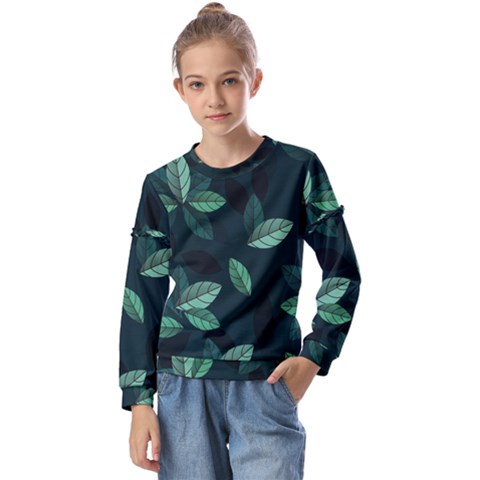 Leaves Foliage Plants Pattern Kids  Long Sleeve T-shirt With Frill  by Grandong