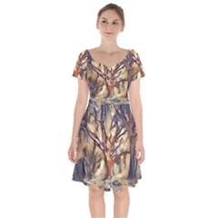 Tree Forest Woods Nature Landscape Short Sleeve Bardot Dress by Sarkoni