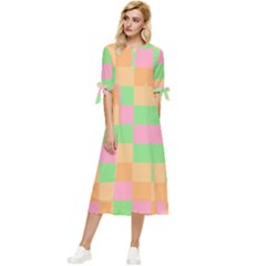 Checkerboard Pastel Squares Bow Sleeve Chiffon Midi Dress by Grandong