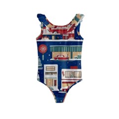 Background Mid Century Modern Kids  Frill Swimsuit by Modalart