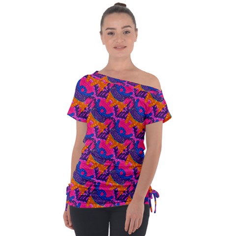 Purple Blue Abstract Pattern Off Shoulder Tie-up T-shirt by Bedest