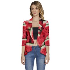 Watermelon Fruit Green Red Women s 3/4 Sleeve Ruffle Edge Open Front Jacket by Bedest
