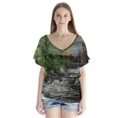 Landscape Summer Fall Colors Mill V-neck Flutter Sleeve Top by Amaryn4rt