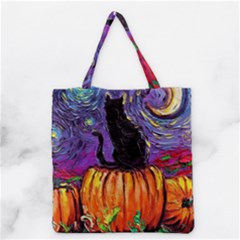 Halloween Art Starry Night Hallows Eve Black Cat Pumpkin Grocery Tote Bag by Modalart