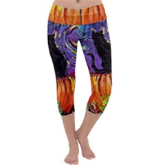 Halloween Art Starry Night Hallows Eve Black Cat Pumpkin Capri Yoga Leggings by Modalart