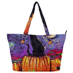 Halloween Art Starry Night Hallows Eve Black Cat Pumpkin Full Print Shoulder Bag by Modalart