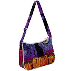 Halloween Art Starry Night Hallows Eve Black Cat Pumpkin Zip Up Shoulder Bag by Modalart