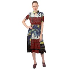 Cartoon Dog House Van Gogh Keyhole Neckline Chiffon Dress by Modalart