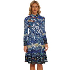 Mosaic Art Vincent Van Gogh Starry Night Long Sleeve Shirt Collar A-line Dress by Modalart