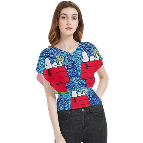 Cartoon Dog Starry Night Van Gogh Parody Butterfly Chiffon Blouse by Modalart