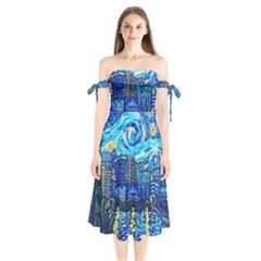 Starry Night Van Gogh Painting Art City Scape Shoulder Tie Bardot Midi Dress by Modalart