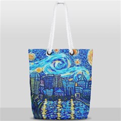 Starry Night Van Gogh Painting Art City Scape Full Print Rope Handle Tote (small) by Modalart
