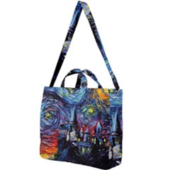 Castle Hogwarts Starry Night Print Van Gogh Parody Square Shoulder Tote Bag by Modalart