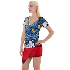 Dog House Vincent Van Gogh s Starry Night Parody Short Sleeve Asymmetric Mini Dress by Modalart