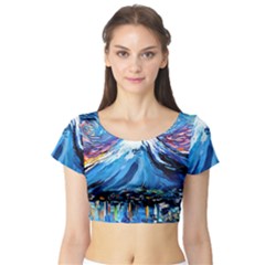 Mount Fuji Art Starry Night Van Gogh Short Sleeve Crop Top by Modalart