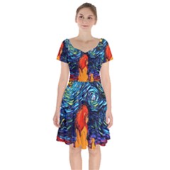 Lion Art Starry Night Van Gogh Short Sleeve Bardot Dress by Modalart