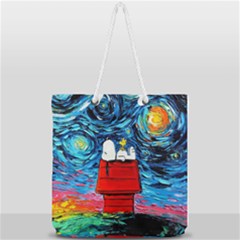 Red House Dog Cartoon Starry Night Full Print Rope Handle Tote (large) by Modalart