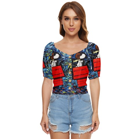 Dog Flying House Cartoon Starry Night Vincent Van Gogh Parody Button Up Blouse by Modalart