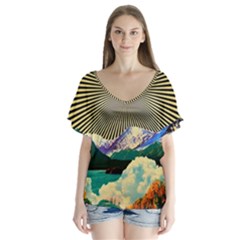 Surreal Art Psychadelic Mountain V-neck Flutter Sleeve Top by Modalart
