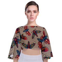 Tattoos Colorful Seamless Pattern Tie Back Butterfly Sleeve Chiffon Top by Bedest