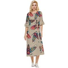 Tattoos Colorful Seamless Pattern Double Cuff Midi Dress by Bedest