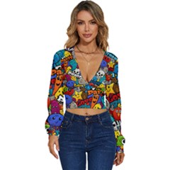 Graffiti Characters Seamless Pattern Long Sleeve Deep-v Velour Top by Bedest