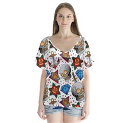 Full Color Flash Tattoo Patterns V-neck Flutter Sleeve Top by Bedest