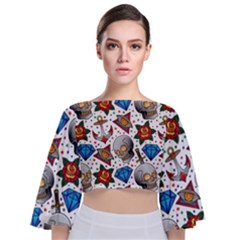 Full Color Flash Tattoo Patterns Tie Back Butterfly Sleeve Chiffon Top by Bedest