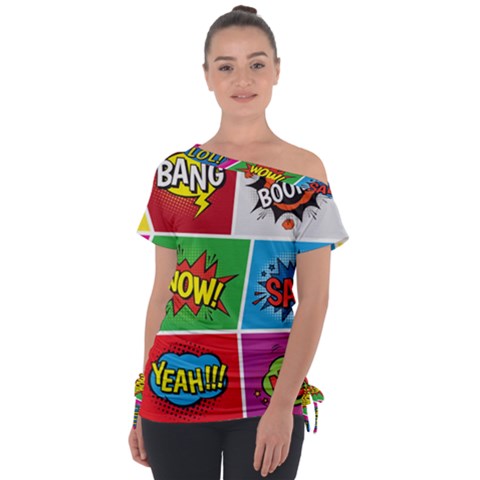 Pop Art Comic Vector Speech Cartoon Bubbles Popart Style With Humor Text Boom Bang Bubbling Expressi Off Shoulder Tie-up T-shirt by Bedest