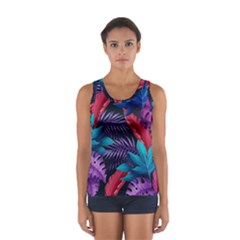 Background With Violet Blue Tropical Leaves Sport Tank Top  by Bedest