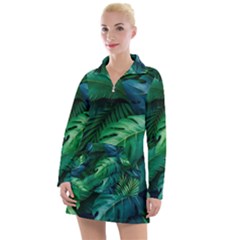 Tropical Green Leaves Background Women s Long Sleeve Casual Dress by Bedest