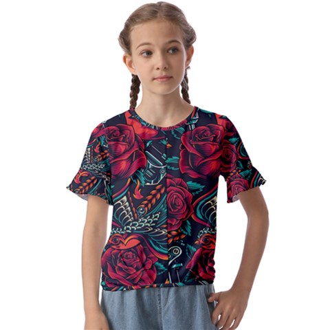 Vintage Flash Tattoos Designs Seamless Pattern Kids  Cuff Sleeve Scrunch Bottom T-shirt by Bedest