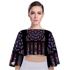 Chartres Cathedral Notre Dame De Paris Stained Glass Tie Back Butterfly Sleeve Chiffon Top by Maspions
