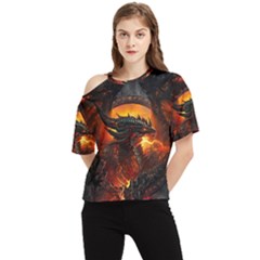 Dragon Fire Fantasy Art One Shoulder Cut Out T-shirt by Maspions