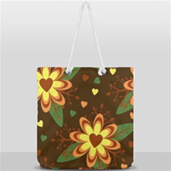 Floral Hearts Brown Green Retro Full Print Rope Handle Tote (large) by Hannah976