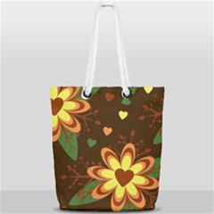 Floral Hearts Brown Green Retro Full Print Rope Handle Tote (small) by Hannah976