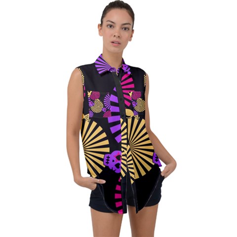 Seamless Halloween Day Of The Dead Sleeveless Chiffon Button Shirt by Hannah976