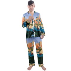 City Buildings Urban Dawn Men s Long Sleeve Satin Pajamas Set by Sarkoni