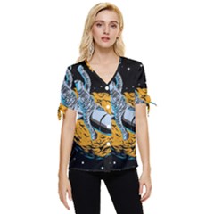 Astronaut Planet Space Science Bow Sleeve Button Up Top by Sarkoni